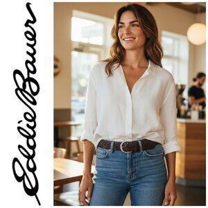 Vintage Eddie Bauer Wide Waist Belt Sz S/M Brown Leather Basketweave Woven